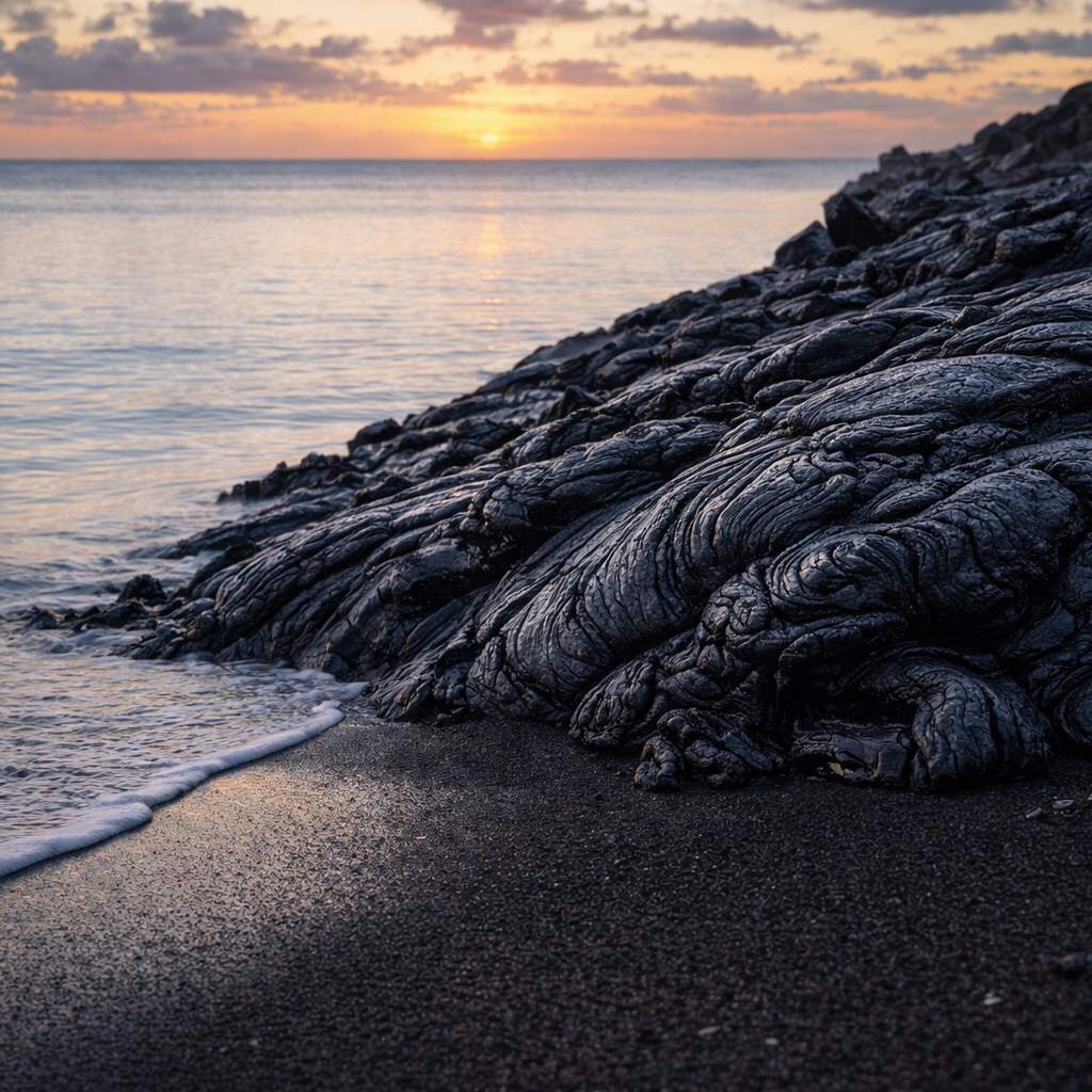 Sunset over a rocky beach with dark volcanic rock formations.