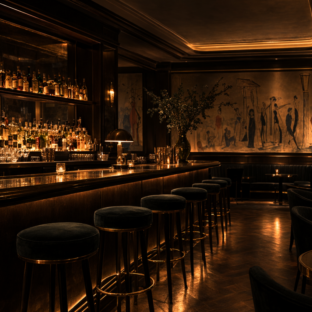 Dark and moody bar interior with dim lighting, bar stools, and a painting on the wall.