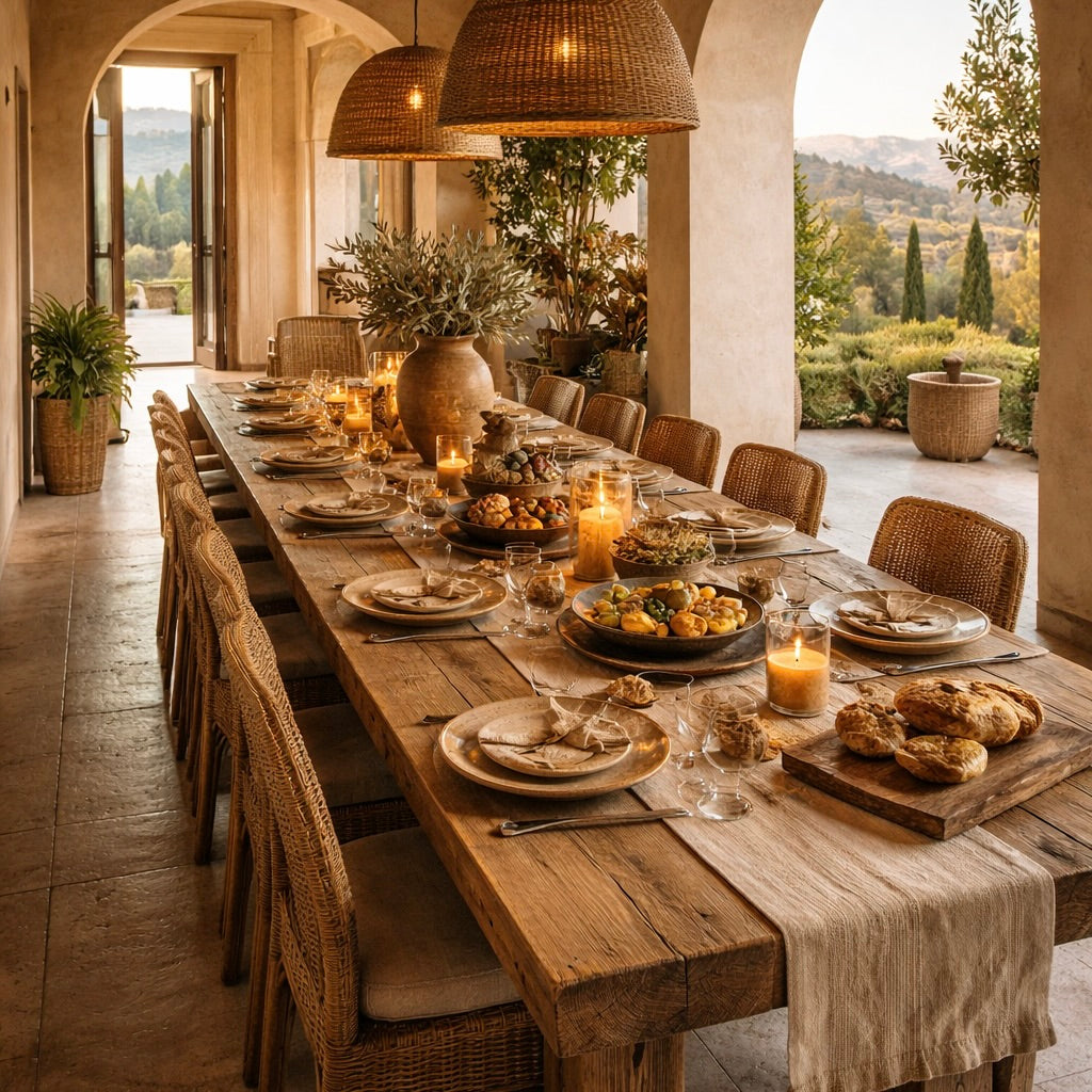 Elegant outdoor dining setup with a long wooden table, chairs, and a scenic background.
