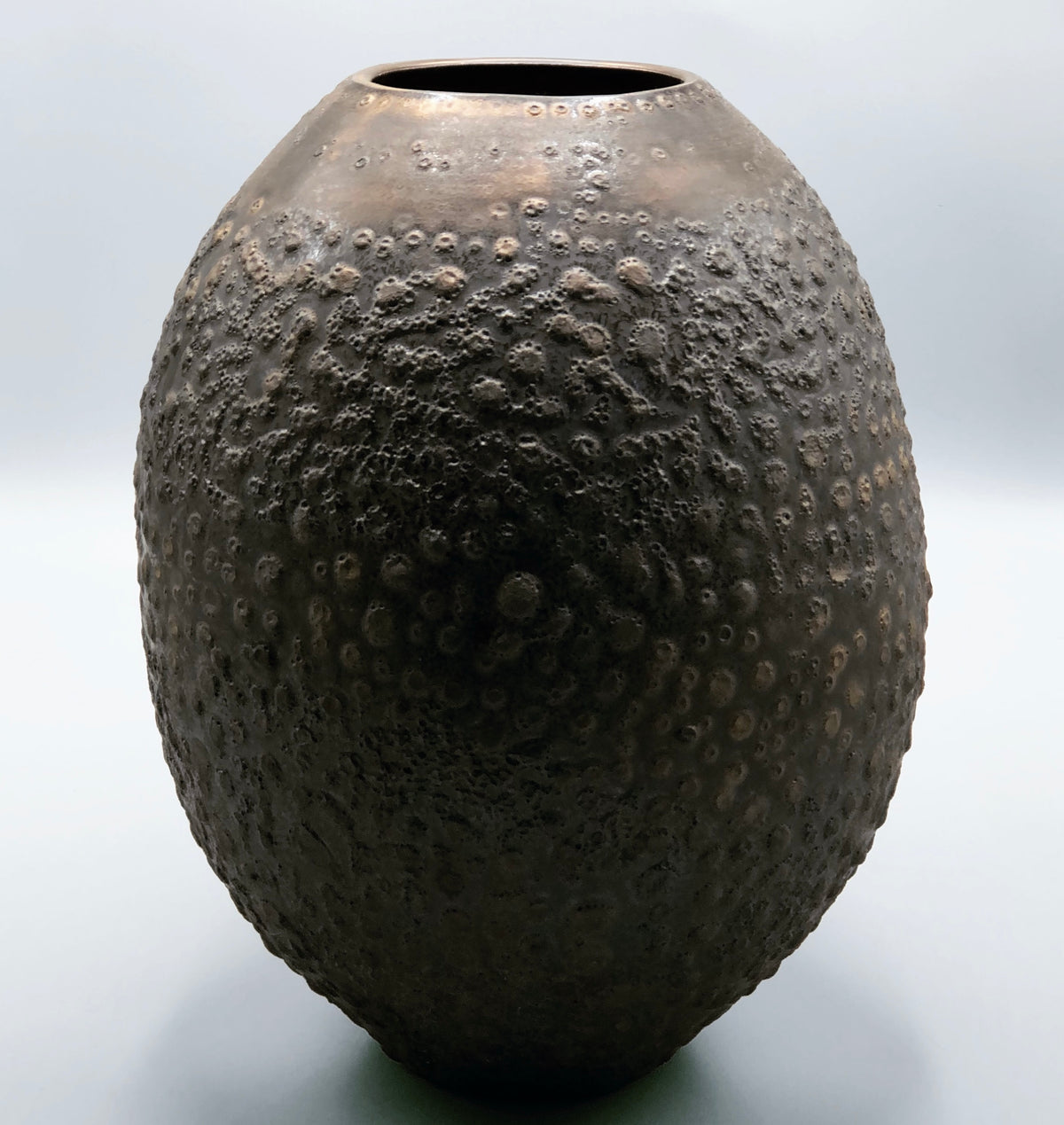 A dark brown textured ceramic vase with a bumpy, bubble-like surface pattern, photographed against a neutral light gray background.