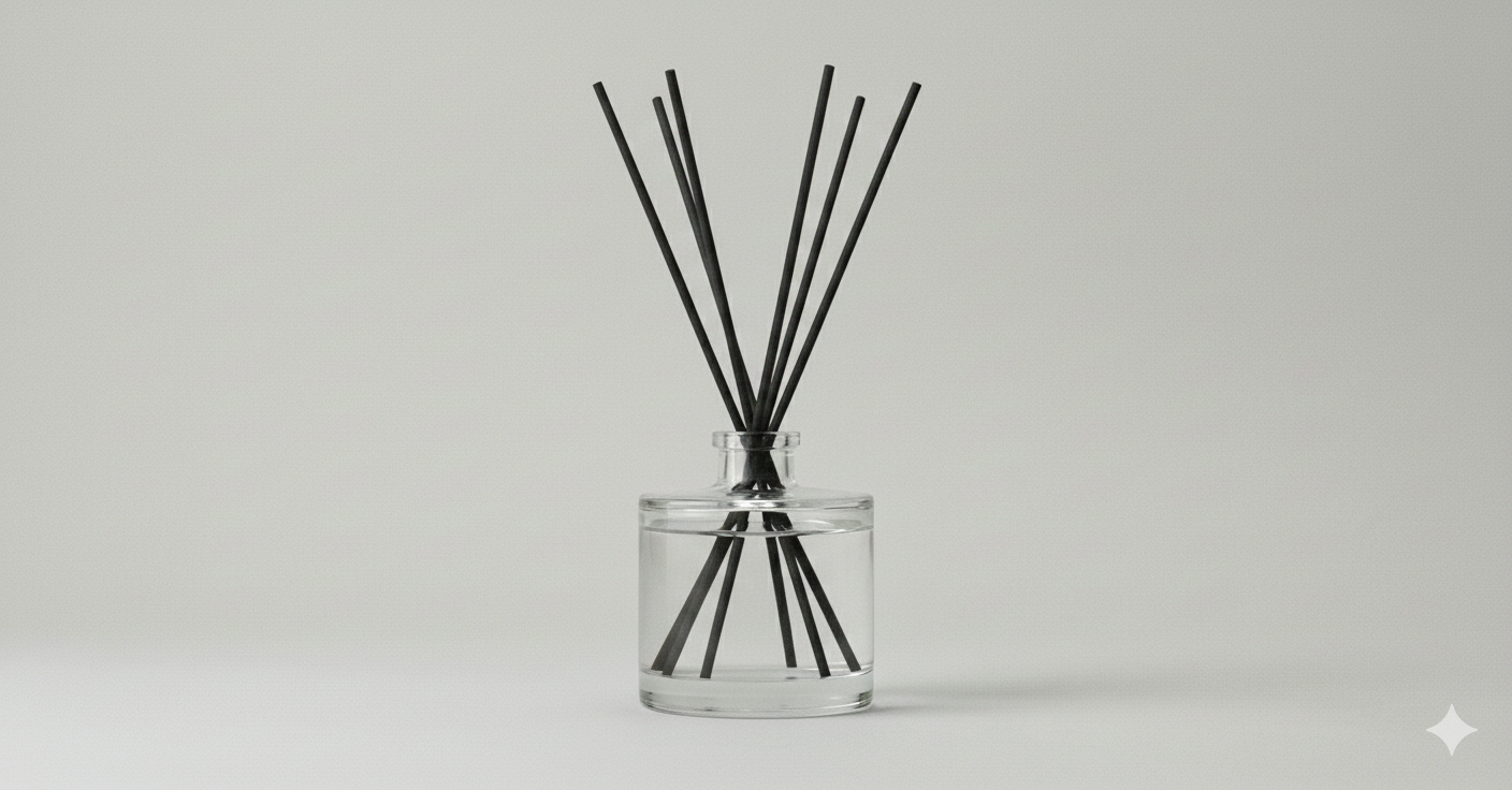Clear glass diffuser bottle with black reeds on a light gray background