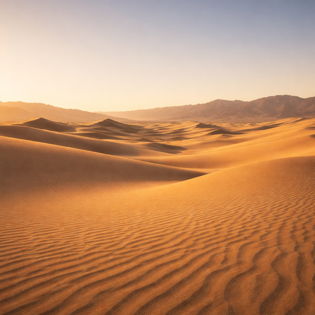 Sunset over sand dunes with mountains in the distance