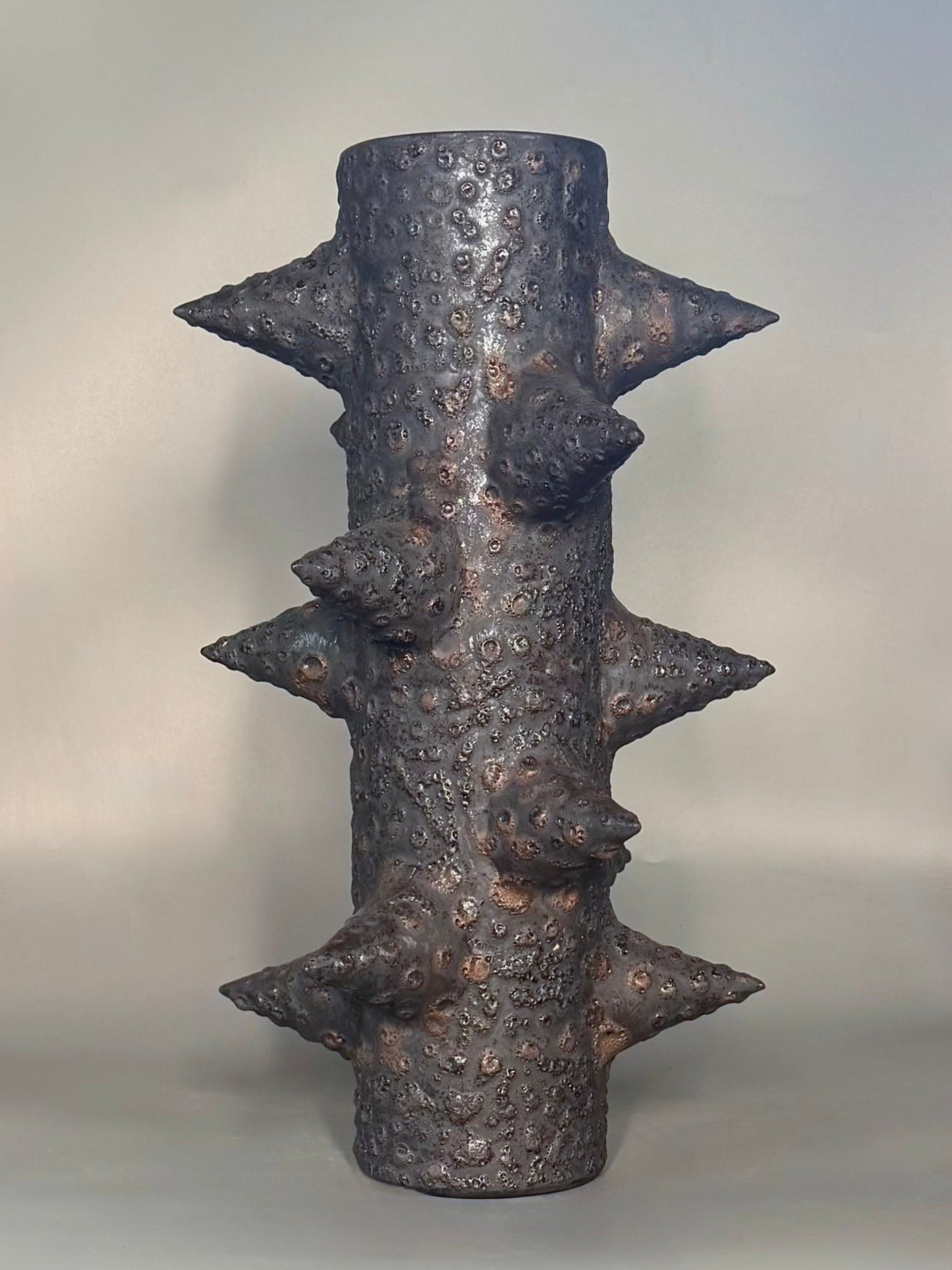 A sculptural ceramic vase shaped like a thorny tree trunk, featuring a textured, organic surface with raised bumps and sharp spikes, photographed against a neutral gray background.