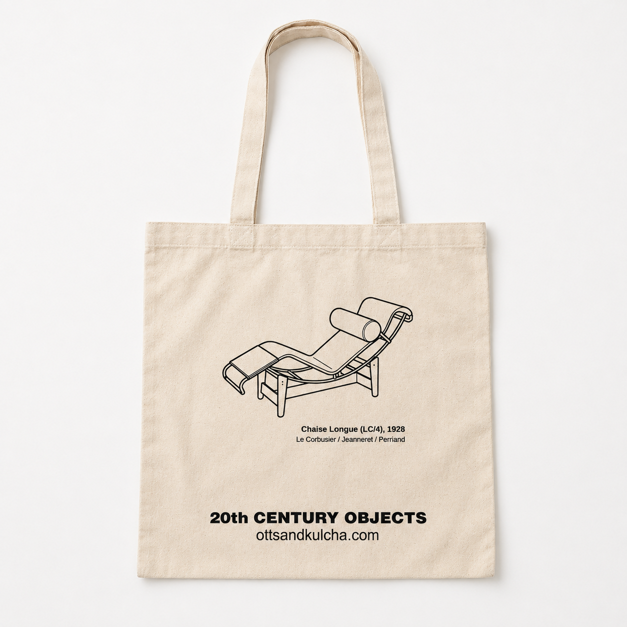 Cream canvas tote bag with black line image of a chaise