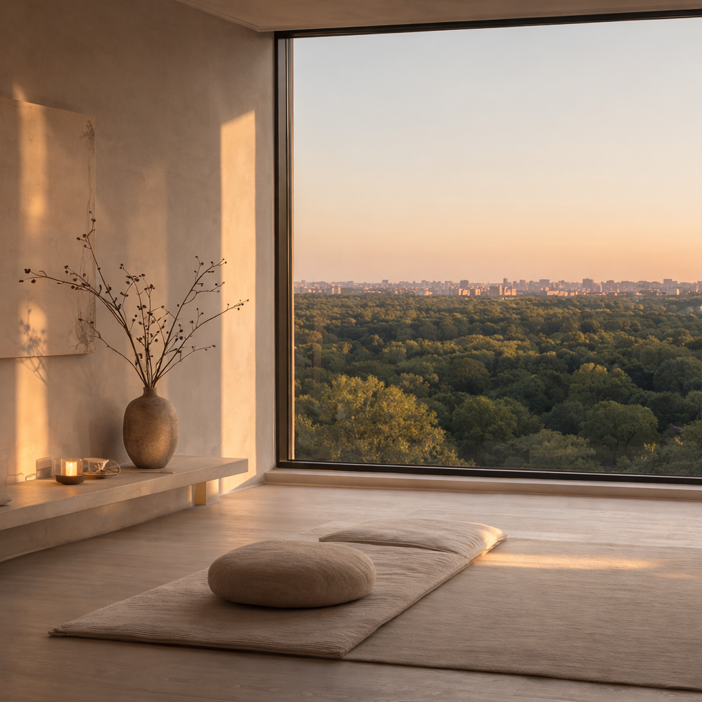 Modern room with large window view of trees and cityscape, featuring a rug and cushions.