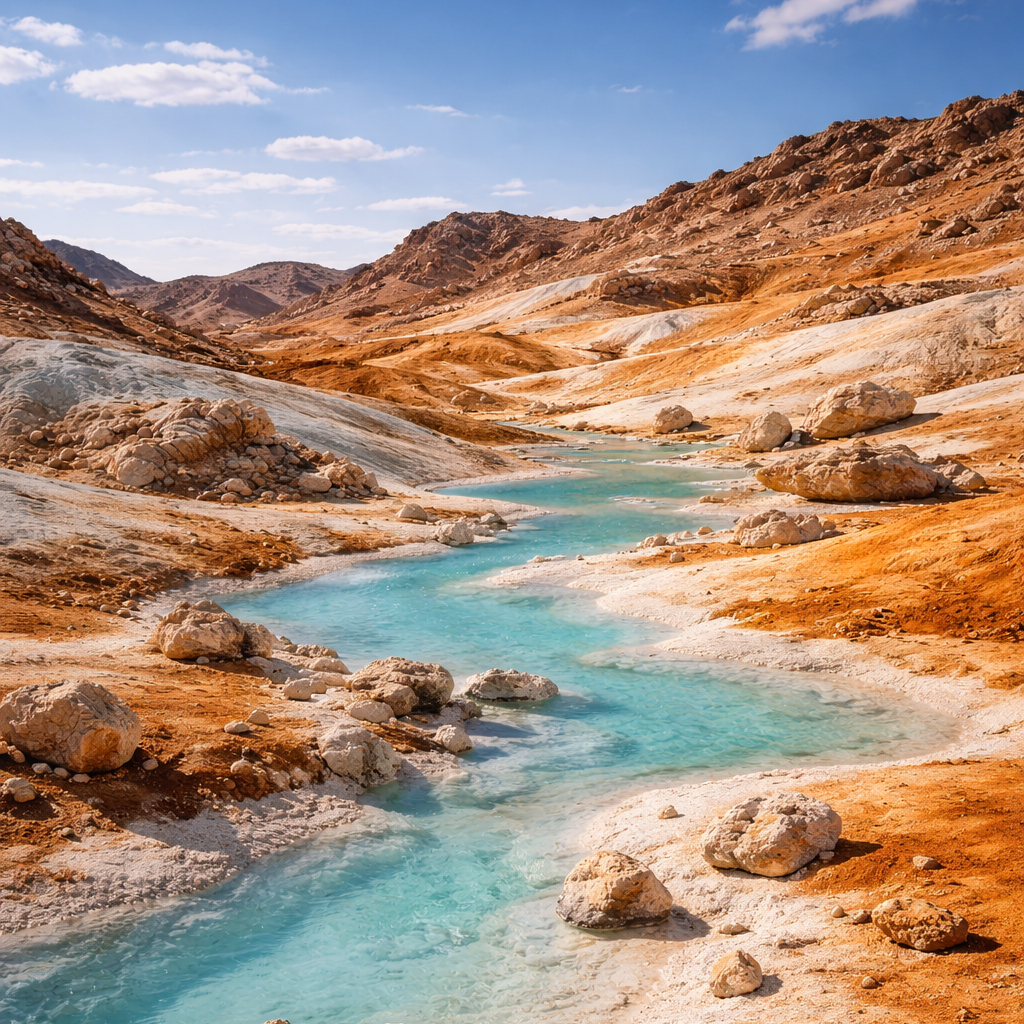 Scenic view of a turquoise stream flowing through a desert landscape with orange and brown hues.