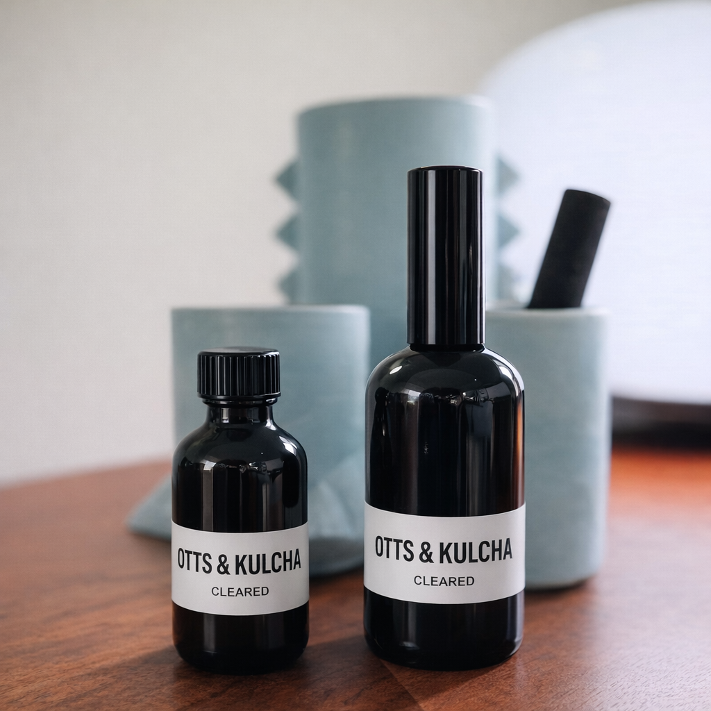 Two black bottles with white abels on a wooden surface, with blurred background