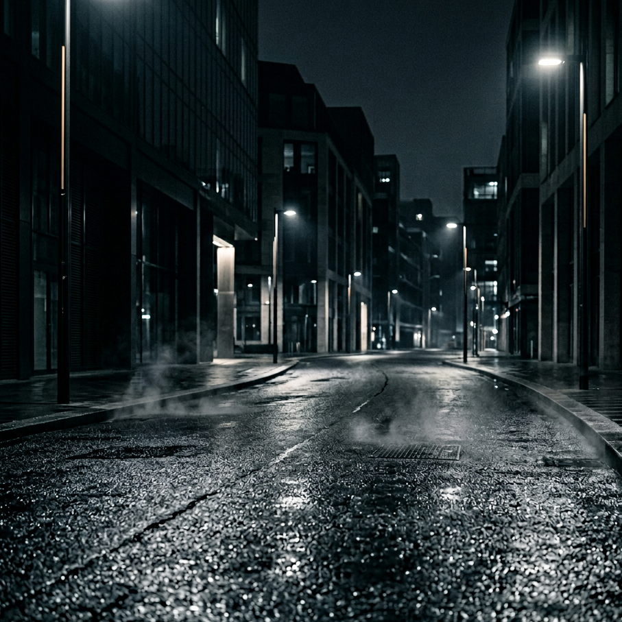 Dark city street at night with wet pavement reflecting lights from street lamps.