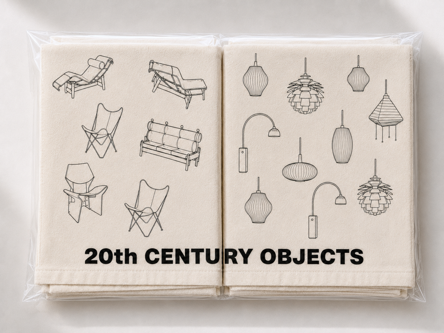 A packaged set of two tea towels featuring black line drawings of 20th-century furniture and hanging lamps, with the text '20th CENTURY OBJECTS' printed across the bott