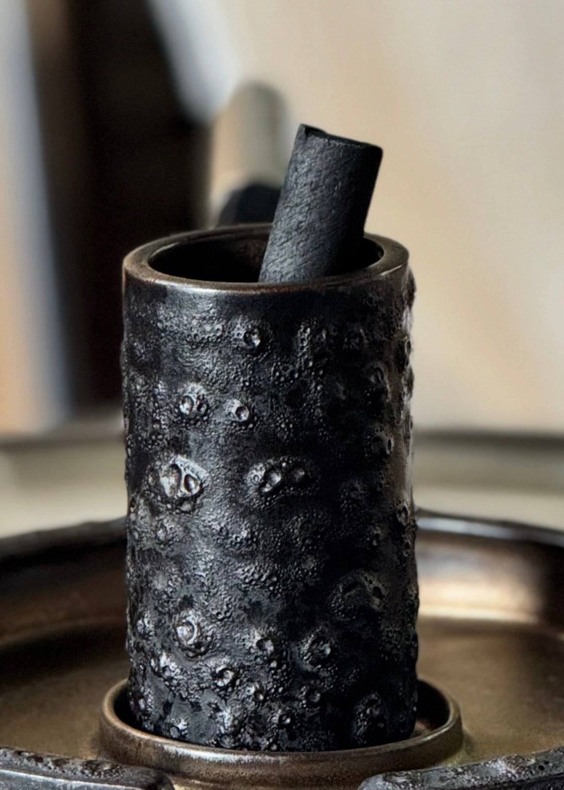 Handmade ceramic diffuser vessel with charcoal wand — available in Basalt, Space Oddity, Grigio Celeste, Virunga, and Pelagic patinas by Otts & Kulcha