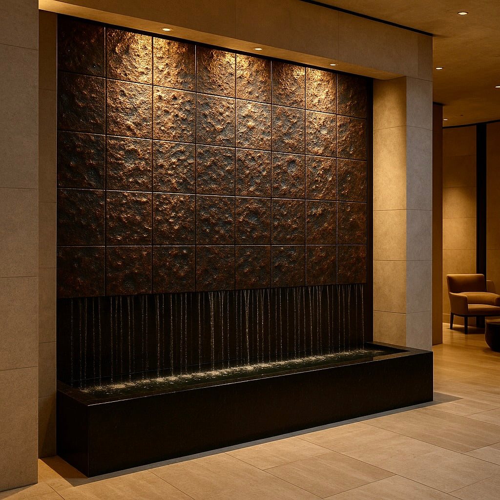 Decorative wall with textured tiles and water feature in a modern interior setting