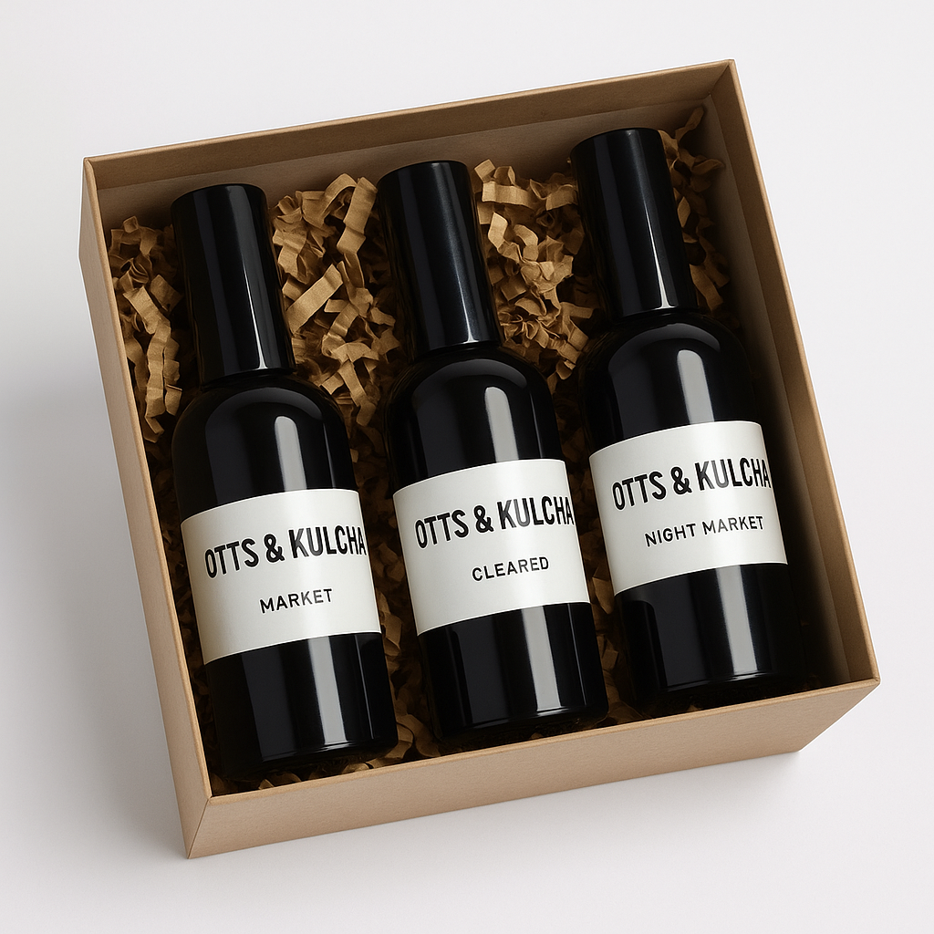 Otts & Kulcha Atmosphere Discovery Set – trio of 30ml sprays featuring Market, Night Market, and Cleared fragrances
